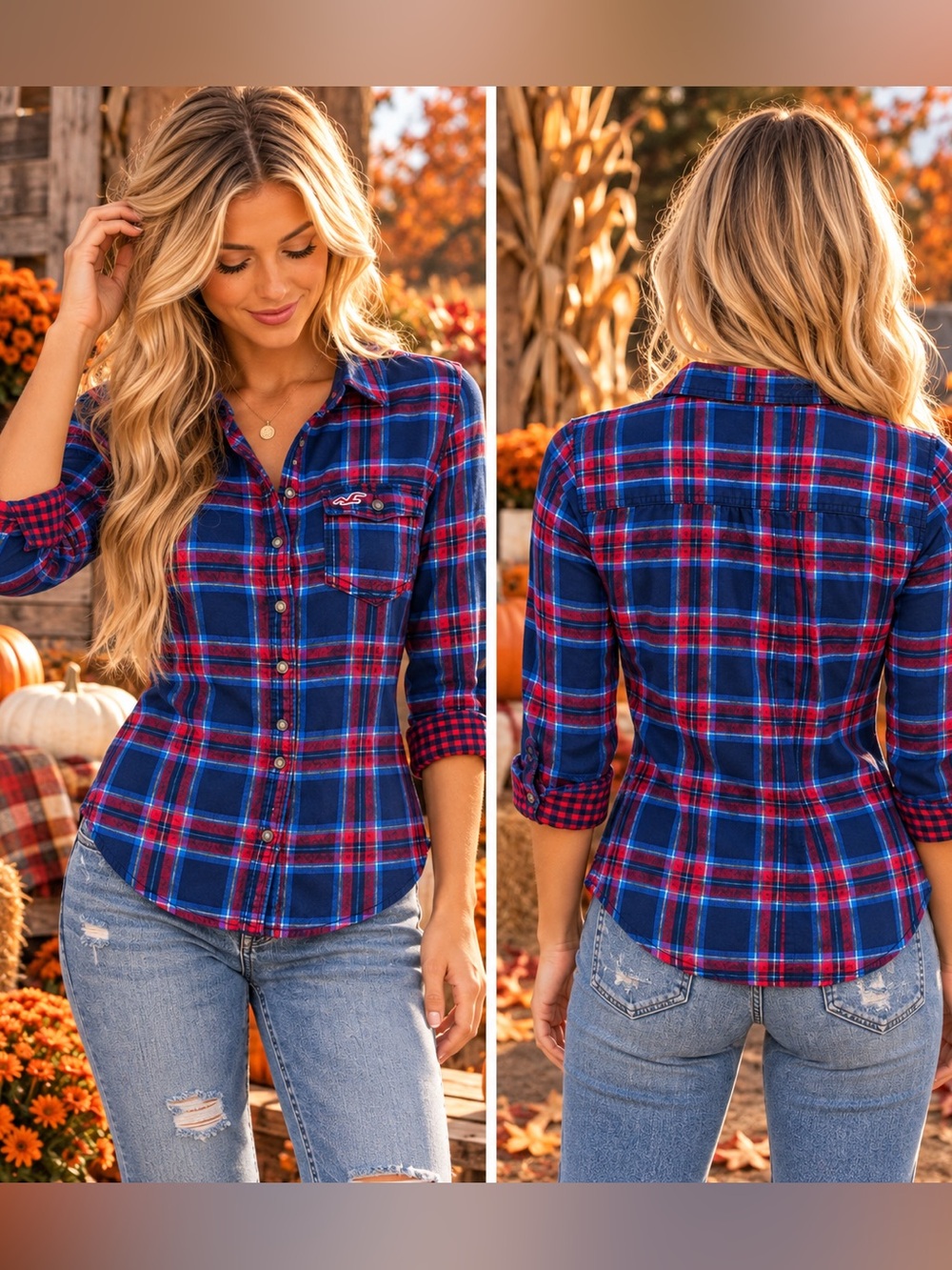 Hollister Women’s Small Plaid Flannel Shirt Red Blue Button Down